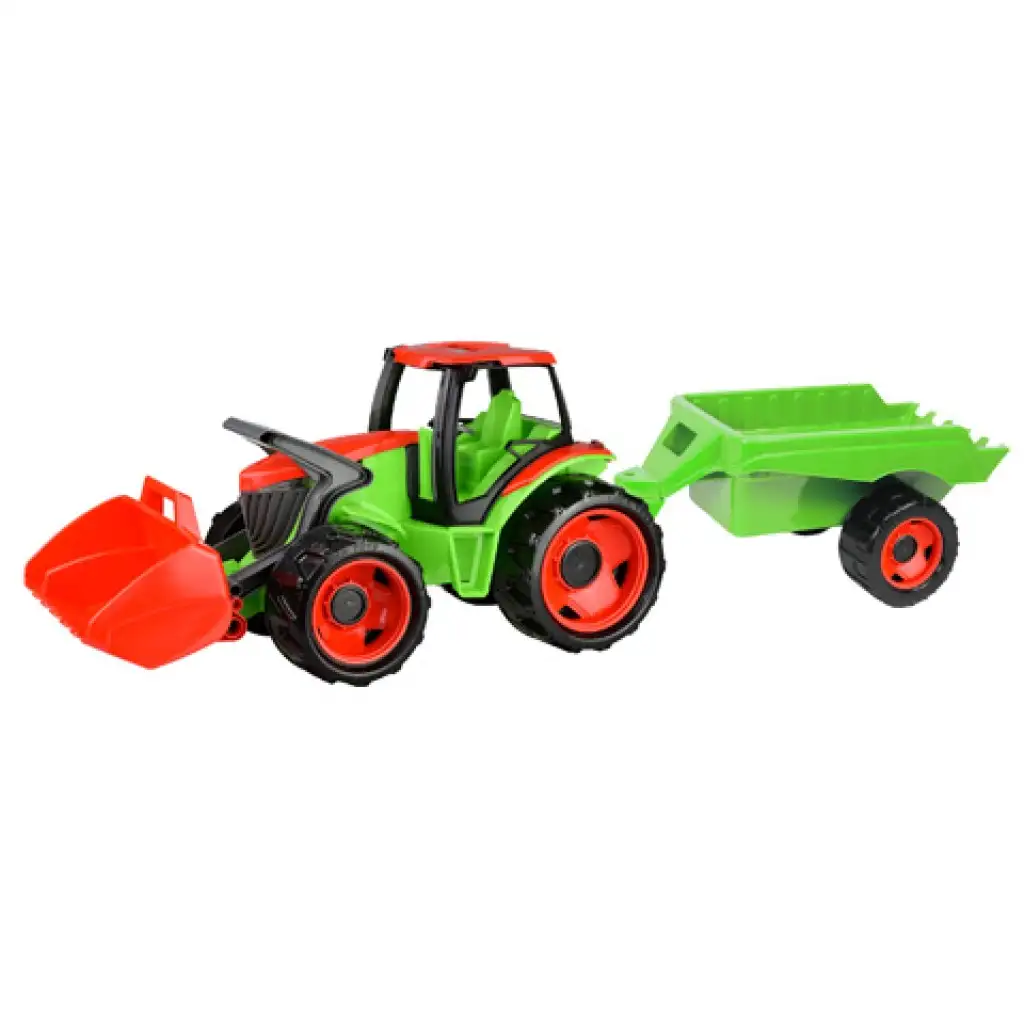 LENA: Óriás zöld-piros traktor markolóval és utánfutóval 107cm kép 1
