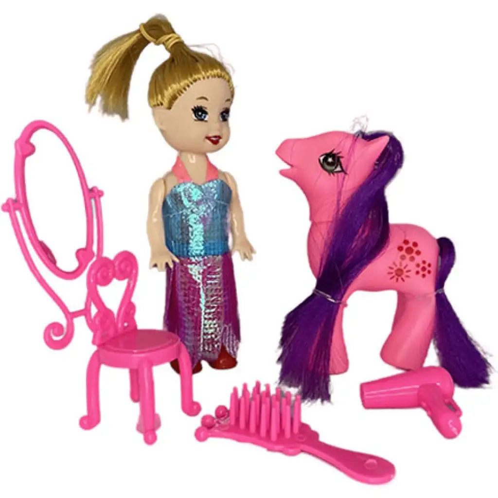 Katie: Sandra baba pink pónival és fodrász kiegészítőkkel 10cm kép 1