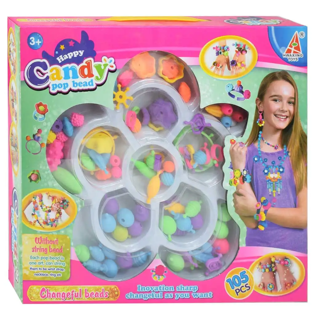 Candy PopBead: 105db-os Ékszerkészítő gyöngyszett színes gyöngyökkel, gyűrűkkel és kiegészítő elemekkel kép 1