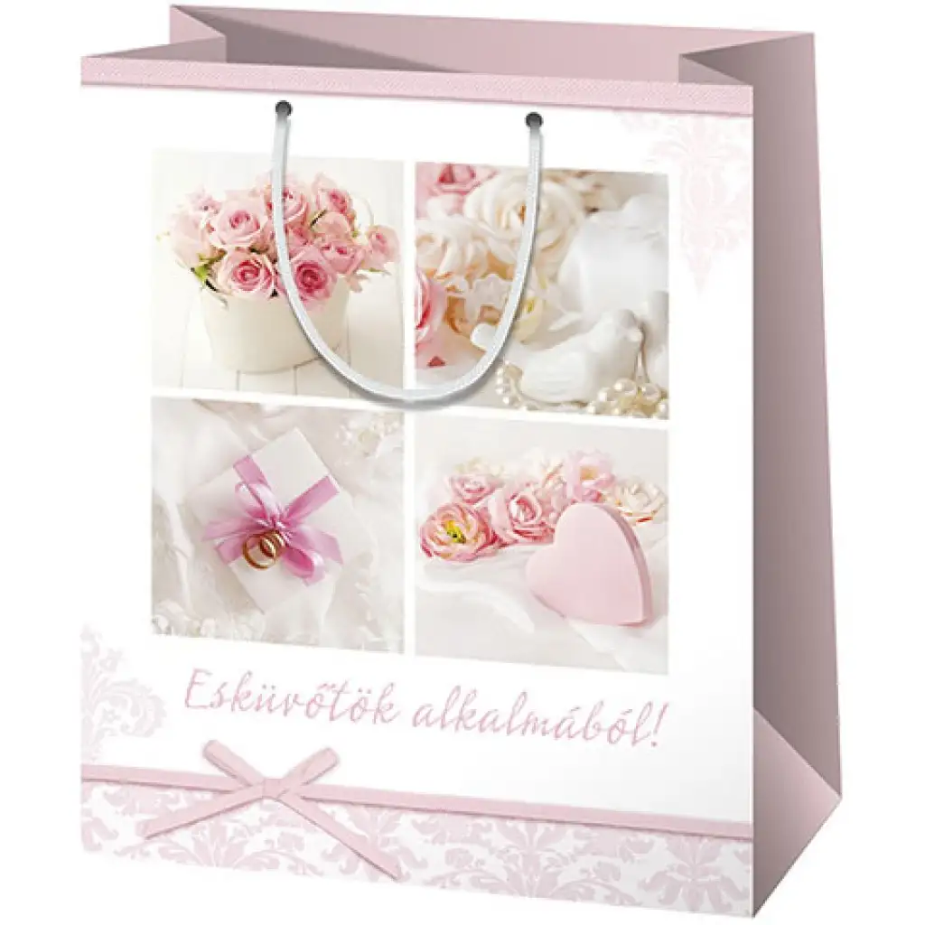 Esküvőtök alkalmából! felirattal díszített közepes méretű ajándéktáska 18x10x23cm kép 1
