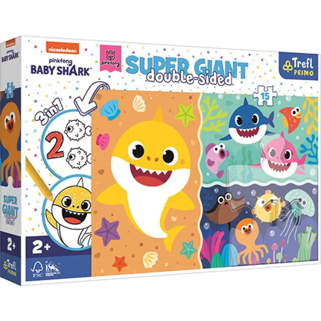 Baby Shark Super Giant kétoldalas 3 az 1-ben puzzle 15db-os - Trefl kép 1