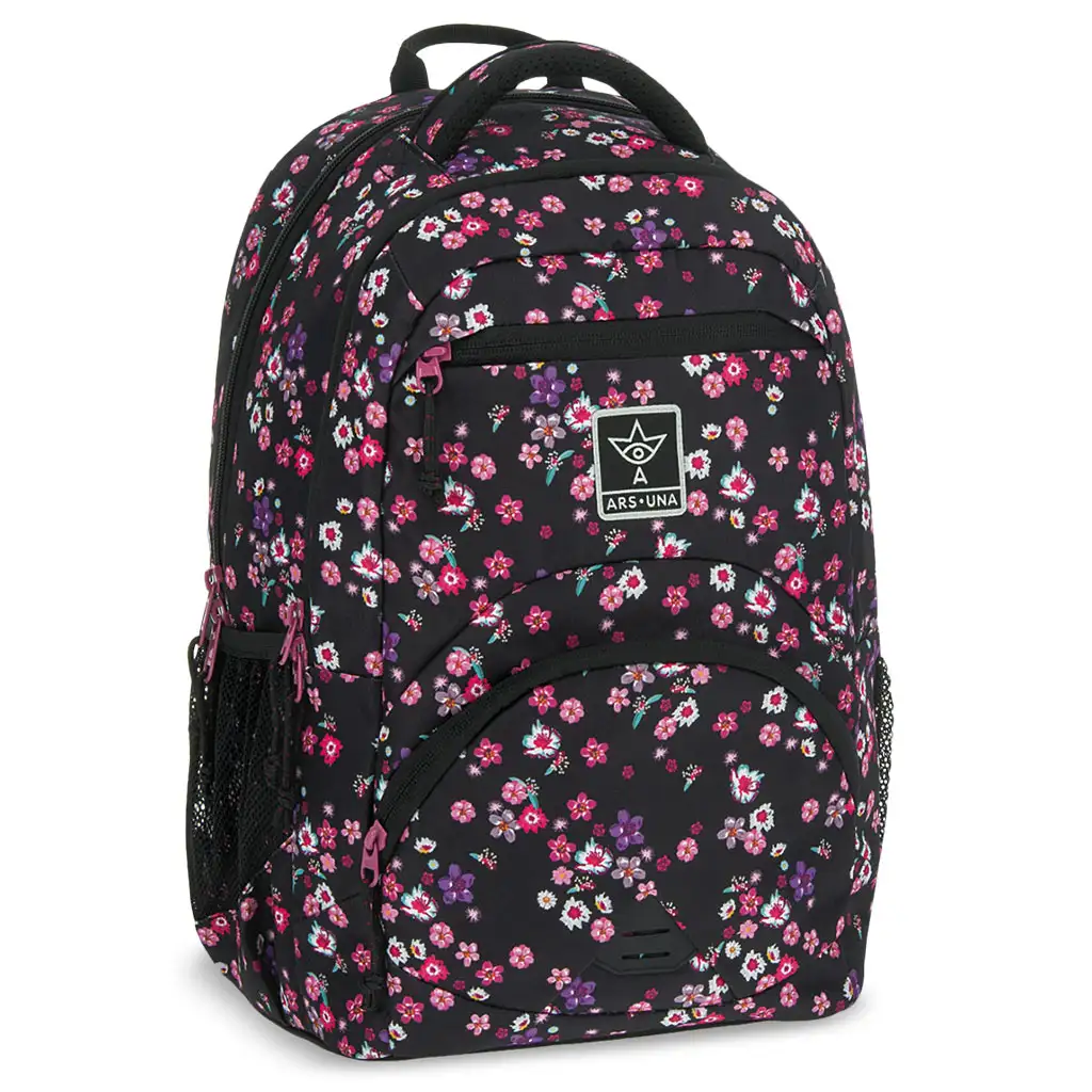 Ars Una: Pearl Blossom Black virágos ergonomikus iskolatáska, hátizsák 33x45x24cm kép 1