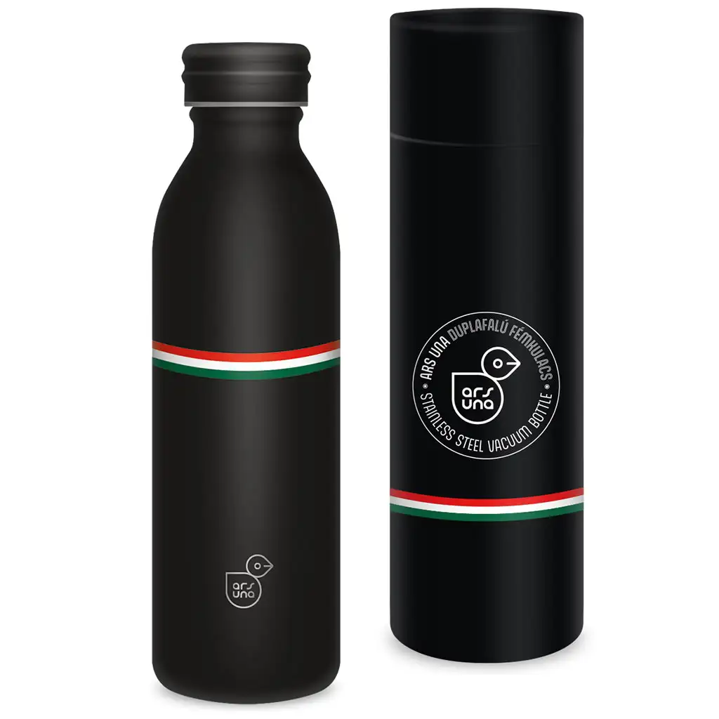 Ars Una: Flag Black Magyar zászlós duplafalú fém kulacs díszdobozban 600ml kép 1