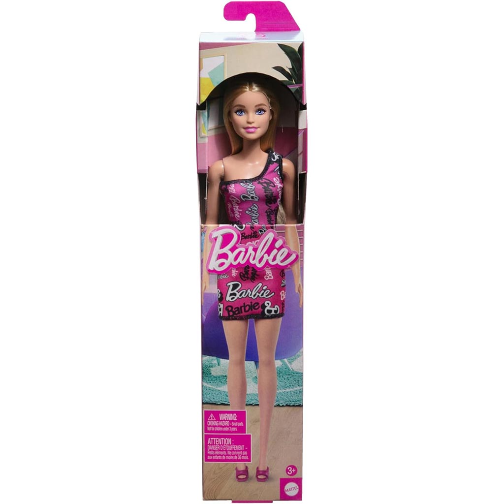 Barbie Chic szőke divatbaba rózsaszín, Barbie feliratú ruhában - Mattel kép 1