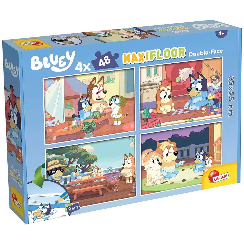 Bluey és barátai 2 az 1-ben 4x48db-os maxi padló puzzle és színező 35x25cm - Lisciani kép 1