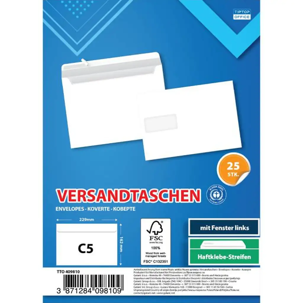 Spirit: Fehér bal ablakos boríték C5 22,9x16,2cm 25db-os csomag kép 1