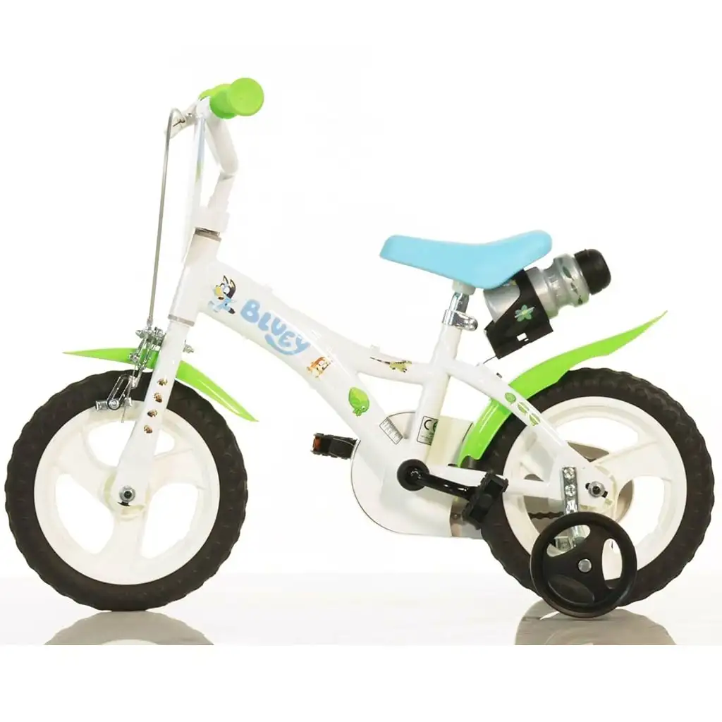Bluey 12” gyerek bicikli kulacstartóval és oldalkerekekkel fehér-kék-zöld színben – Dino Bikes kerékpár kép 2