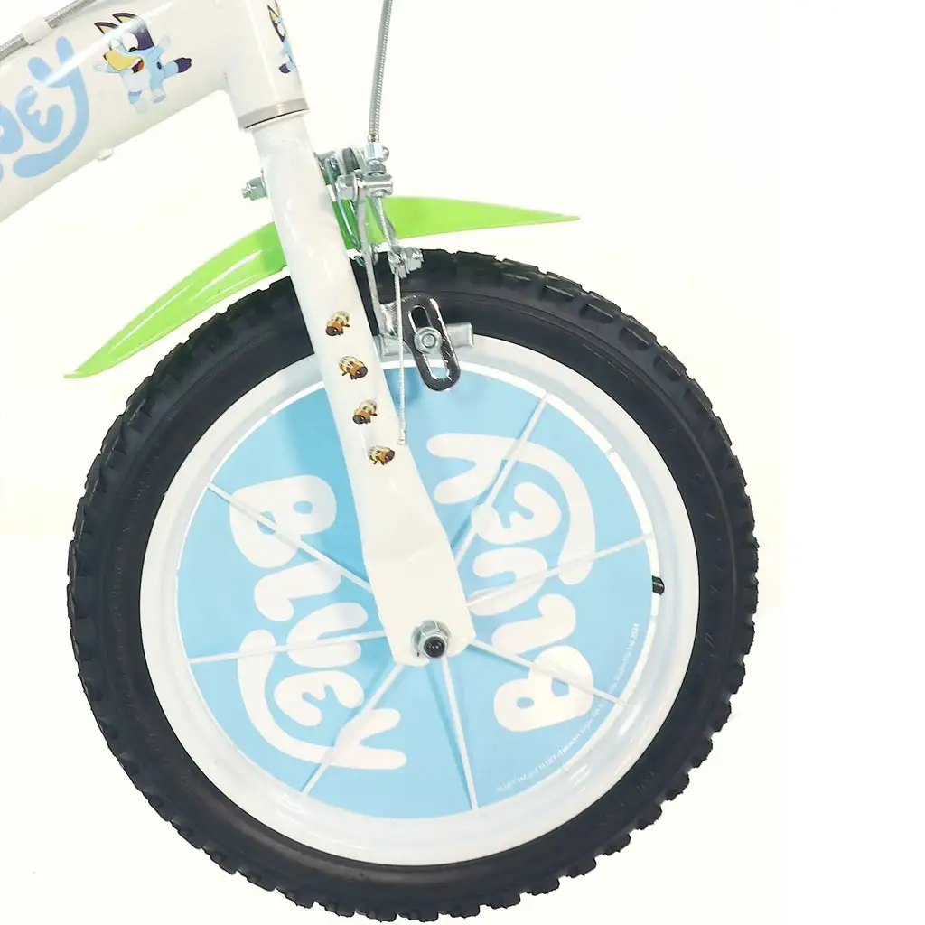 Bluey 14” gyerek bicikli kulacstartóval és oldalkerekekkel fehér-kék-zöld színben – Dino Bikes kerékpár kép 4