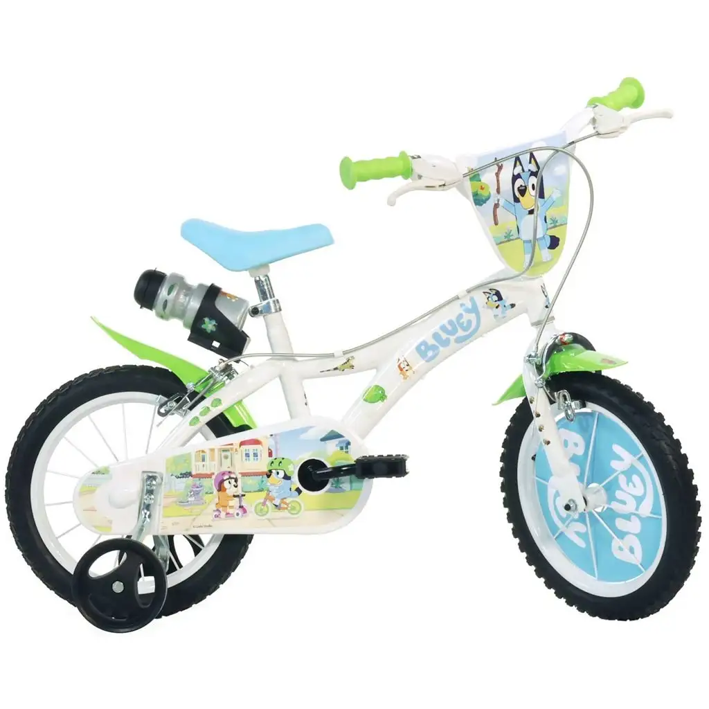 Bluey 14” gyerek bicikli kulacstartóval és oldalkerekekkel fehér-kék-zöld színben – Dino Bikes kerékpár kép 1