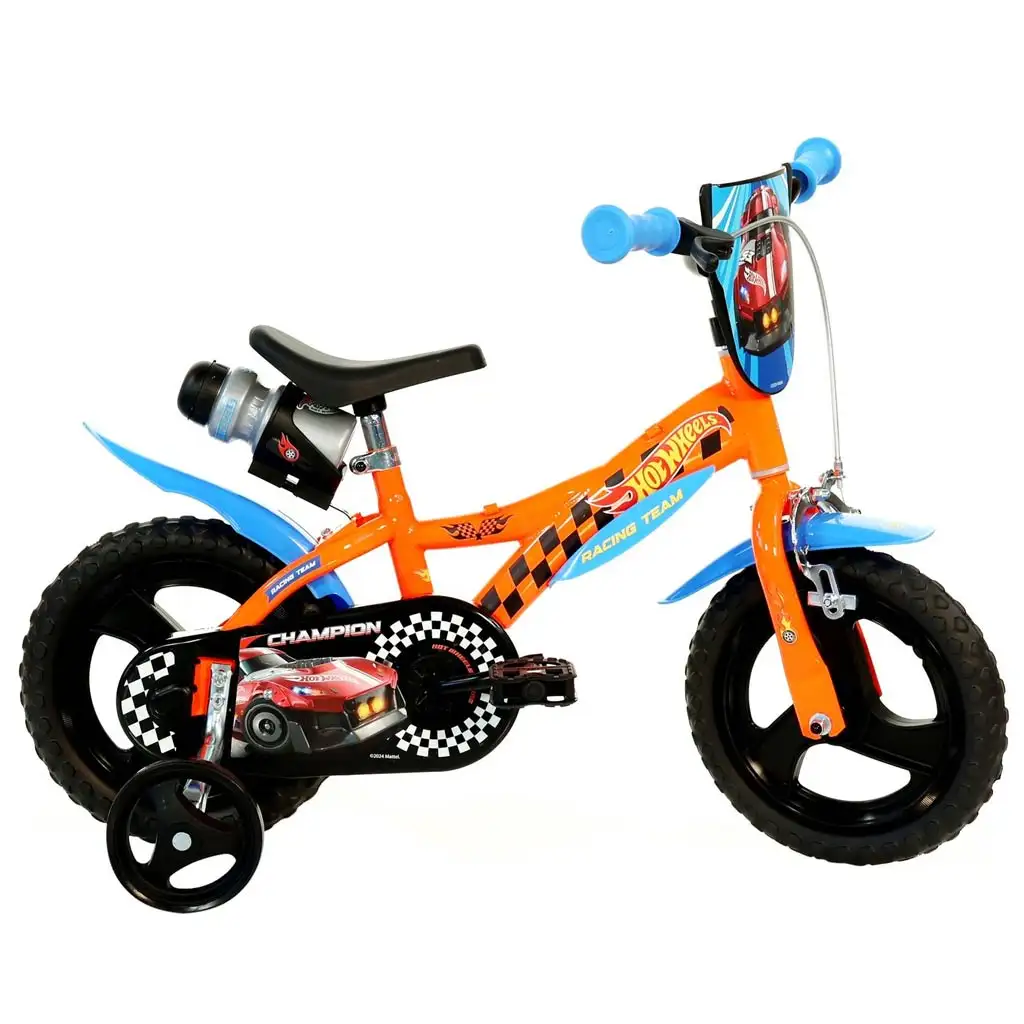 Hot Wheels 12” gyerek bicikli kulacstartóval és oldalkerekekkel narancssárga-fekete színben – Dino Bikes kerékpár kép 1