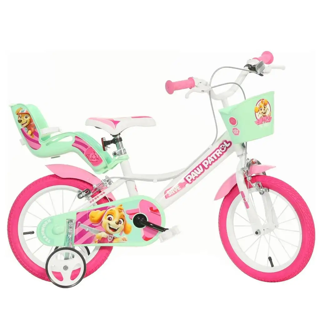 Mancs Őrjárat Skye 14” gyerek bicikli kosárral és babaüléssel rózsaszín-mentazöld színben – Dino Bikes kerékpár kép 1