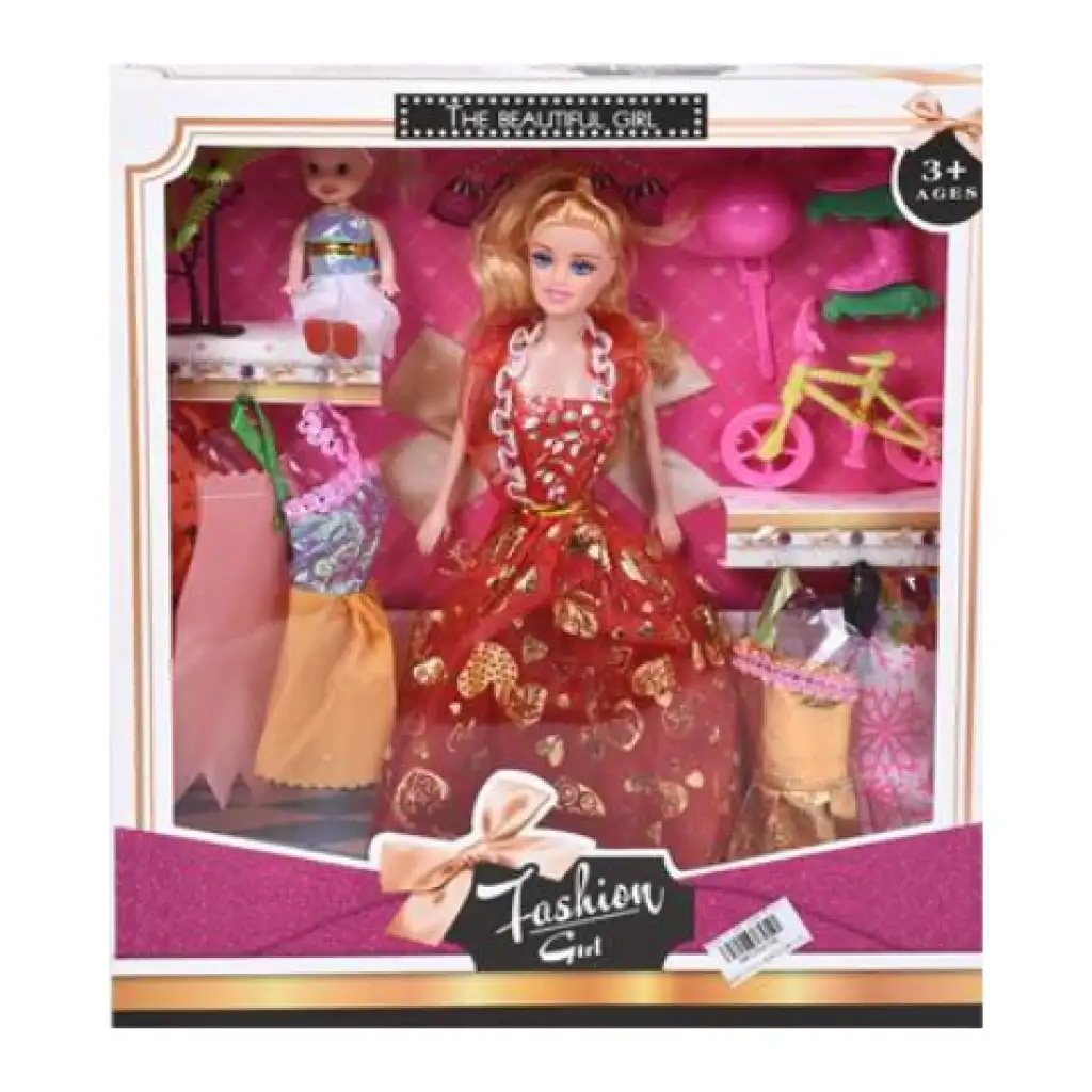 Fashion Girl: Baba és gyermek baba szett kerékpárral és kiegészítőkkel 28cm-es kép 1