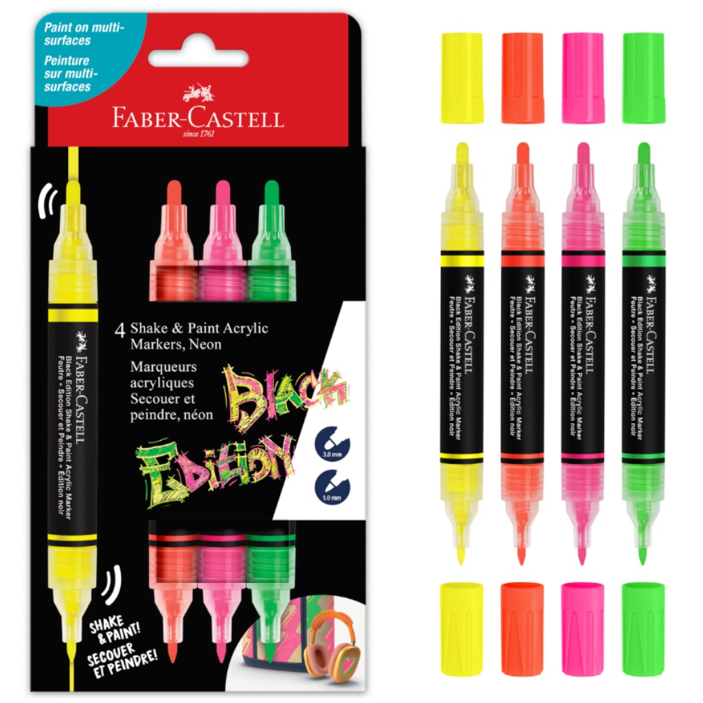 Faber-Castell: Black Edition Shake & Paint 2 végű 3mm-es és 1mm-es 4db-os színes marker szett kép 1