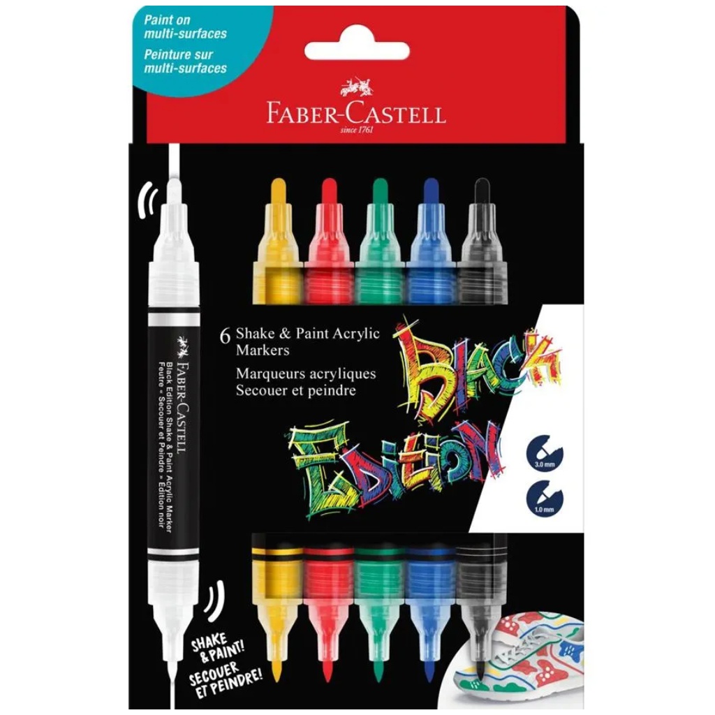 Faber-Castell: Black Edition Shake & Paint 2 végű 3mm-es és 1mm-es 6db-os színes marker szett kép 1