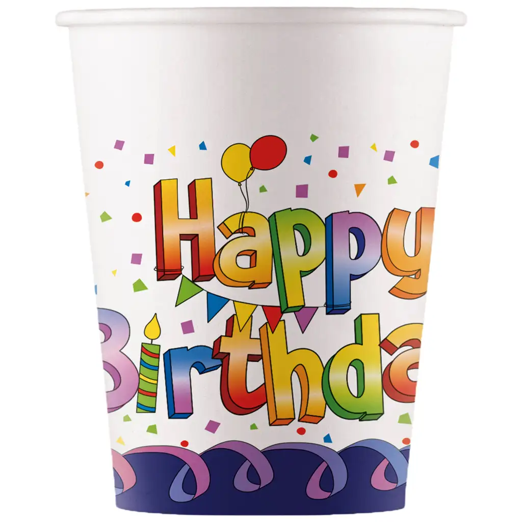 Szivárványos szülinapi "Happy Birthday" feliratú papírpohár 8db-os szett 200ml kép 1