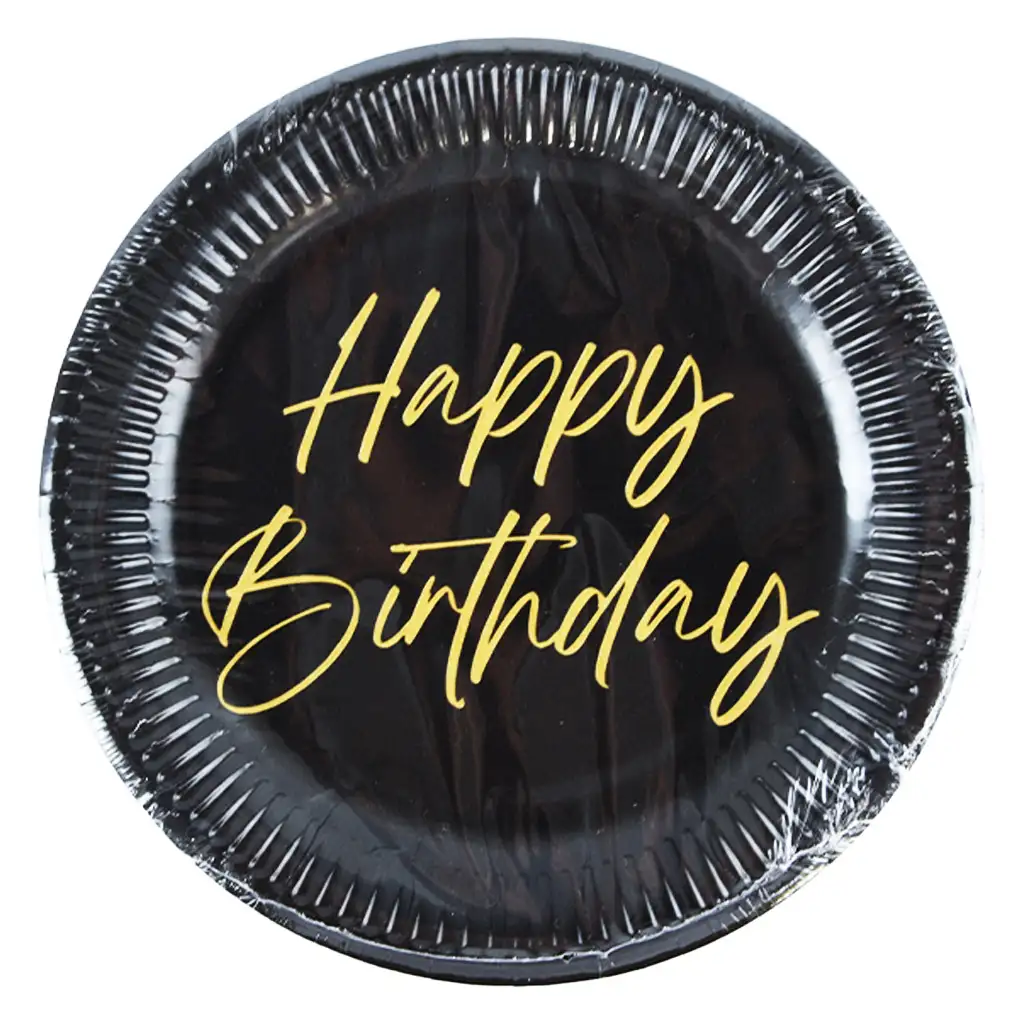 Elegáns fekete-arany színű szülinapi "Happy Birthday" feliratú papírtányér 8db-os szett 23cm kép 1