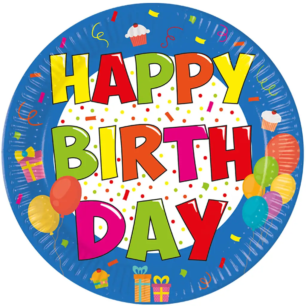 Vidám szülinapos "Happy Birthday" feliratú partitányér 8db-os szett kép 1