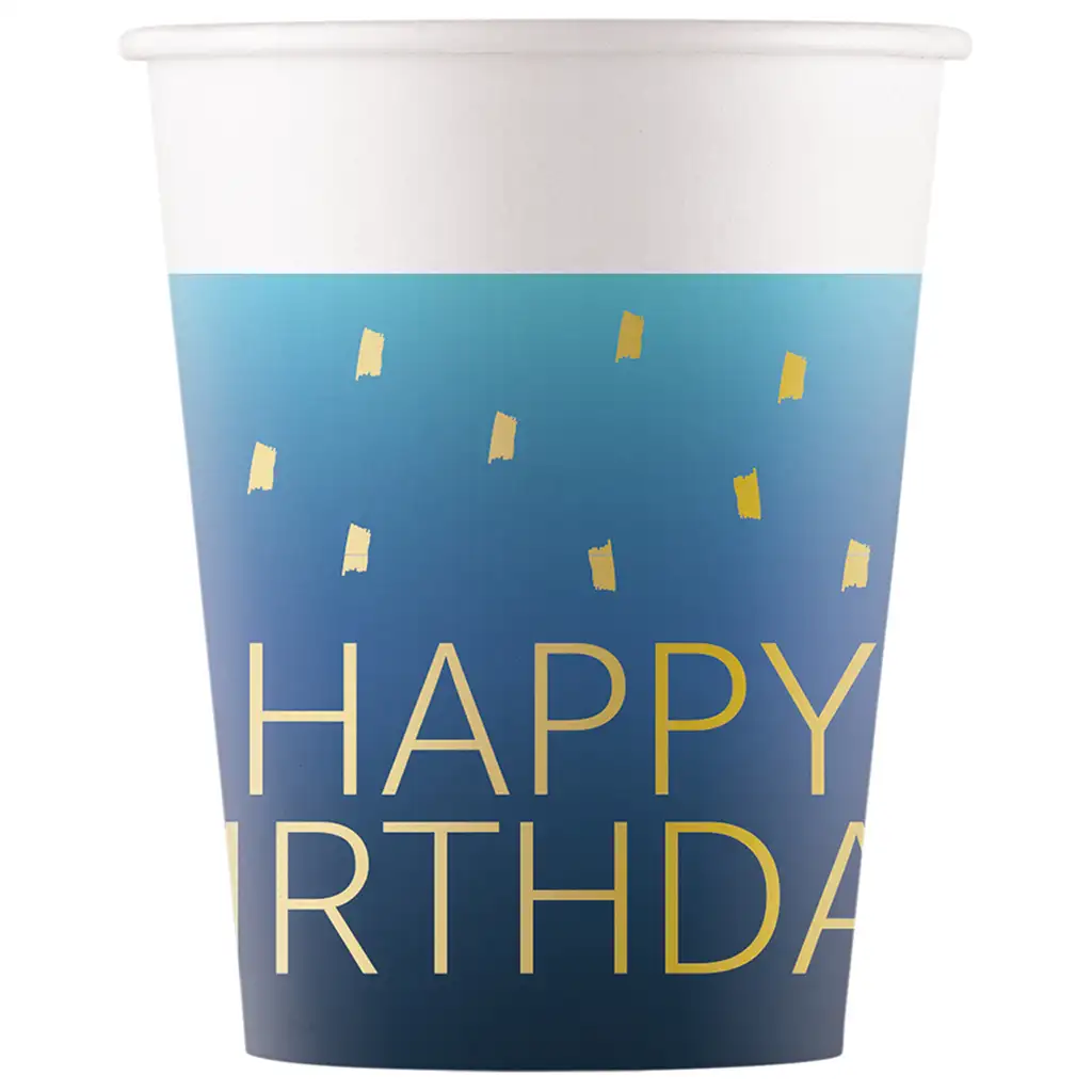 Kék színű szülinapi "Happy Birthday" feliratú papírpohár 8db-os szett 200ml kép 1