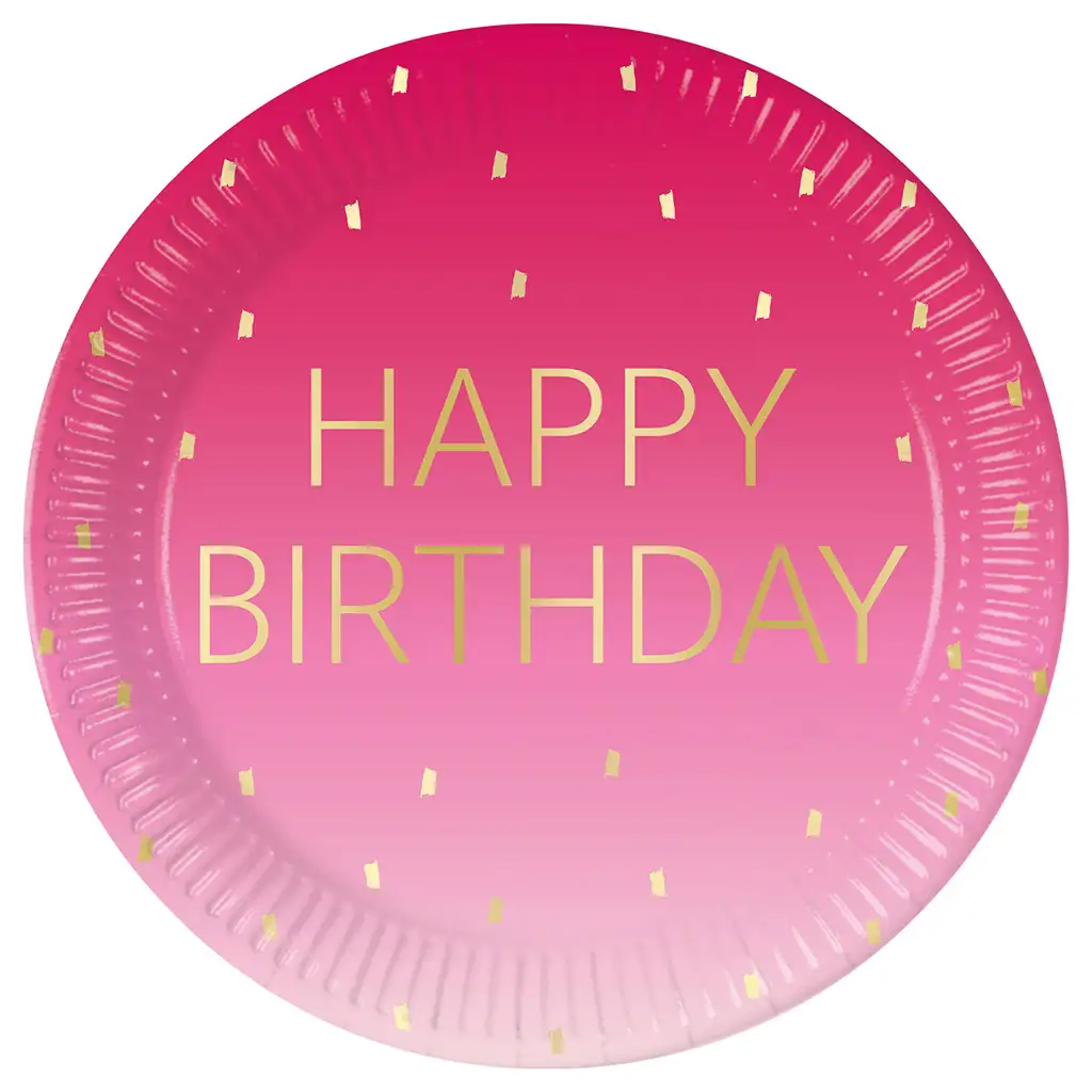 Rózsaszín színű szülinapi "Happy Birthday" feliratú papírtányér 8db-os szett 23cm kép 1