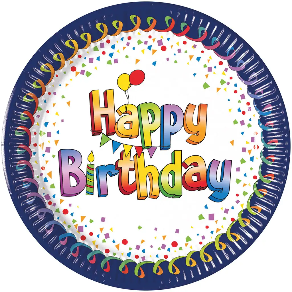 Vidám kék-fehér szülinapi „Happy Birthday” feliratú papírtányér 8db-os szett kép 1
