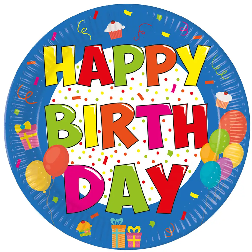 Vidám színes szülinapi "Happy Birthday" feliratú papírtányér 8db-os szett kép 1