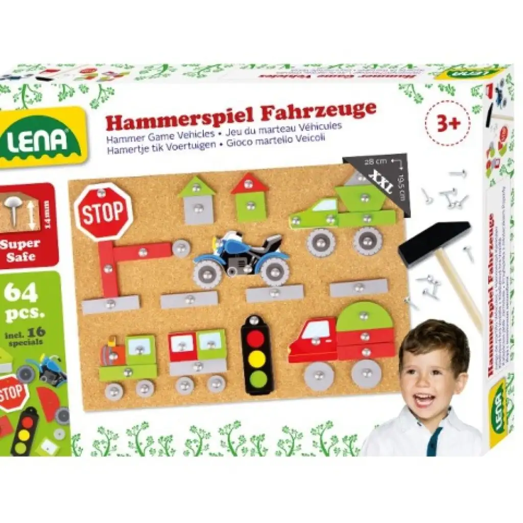 LENA: Kalapácsos parafatábla játékszett 64db-os - Járművek és közlekedés kép 1
