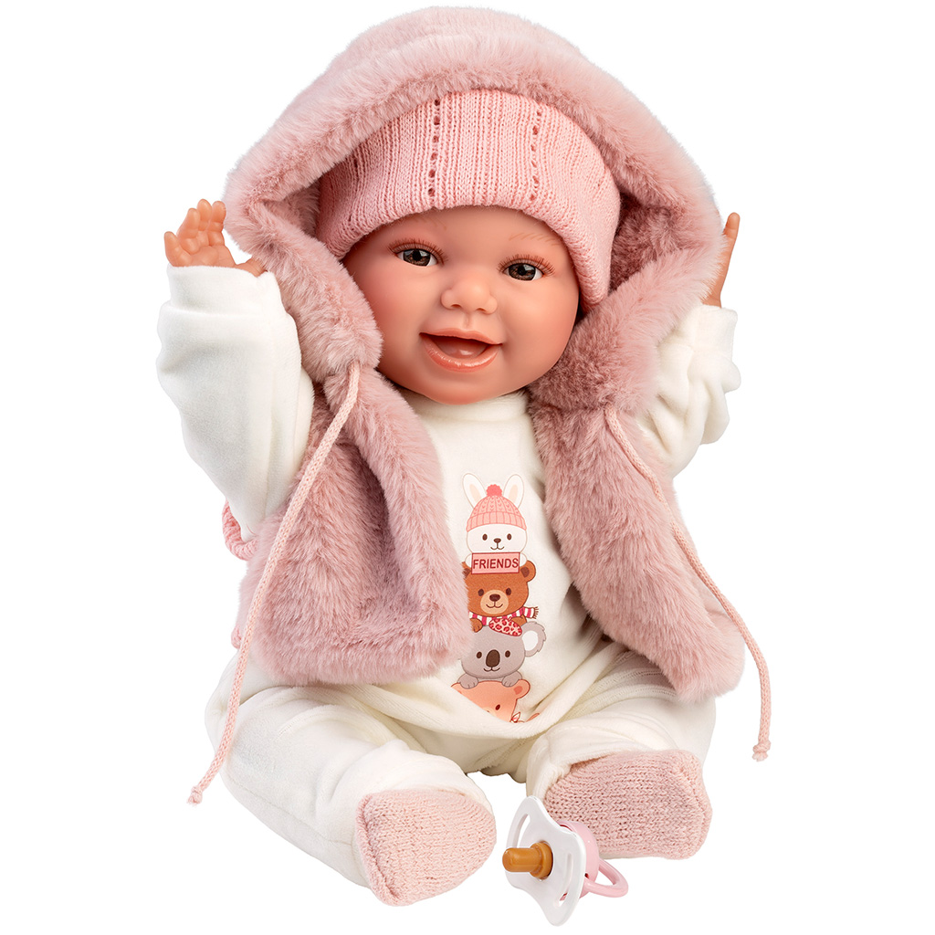 Llorens: Chloe 38cm-es síró baba rózsaszín mellényben kép 1