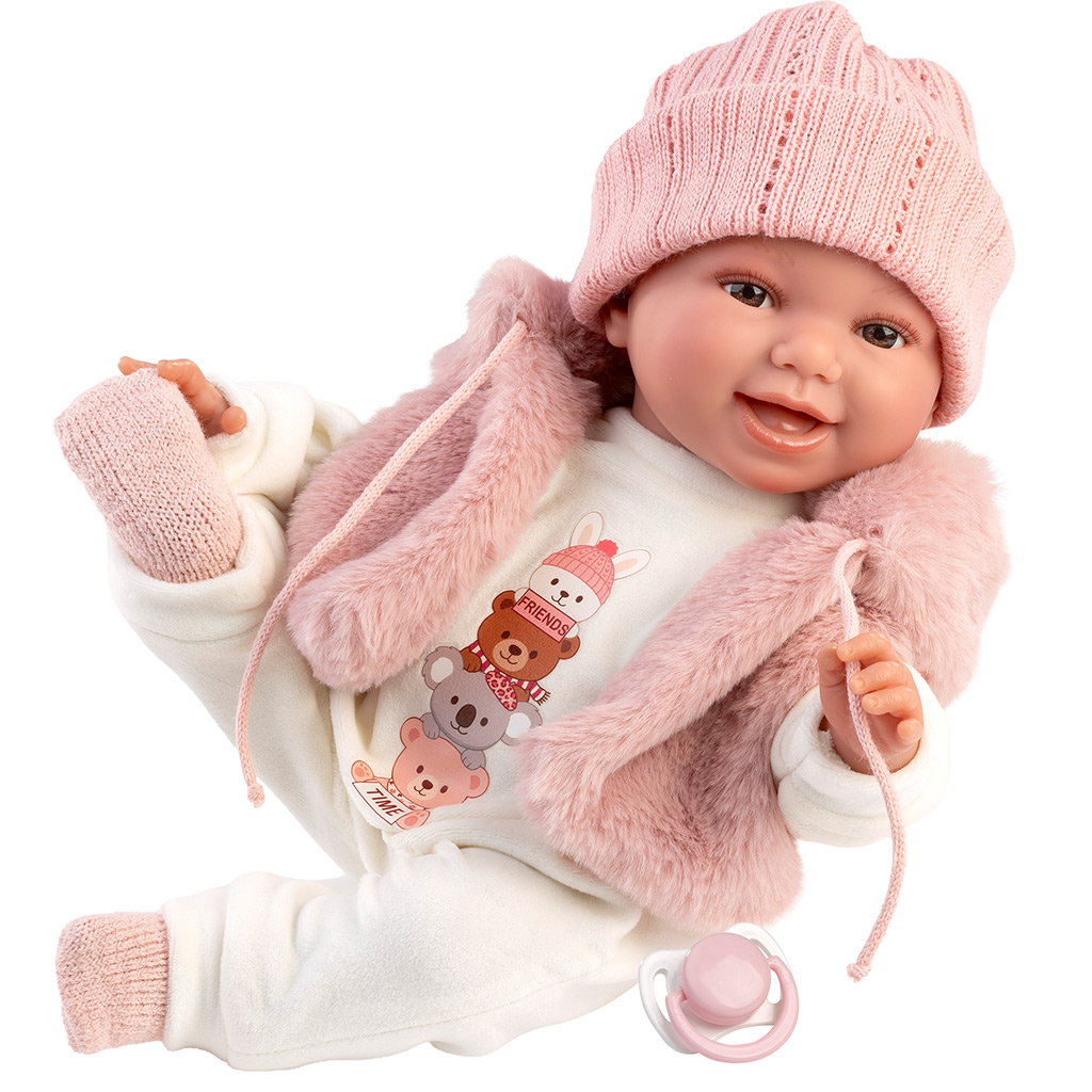 Llorens: Chloe 38cm-es síró baba rózsaszín mellényben kép 2