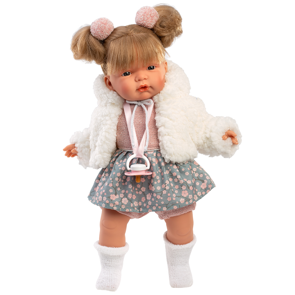 Llorens: Joelle 38cm-es síró baba cumival fehér kabátban kép 1