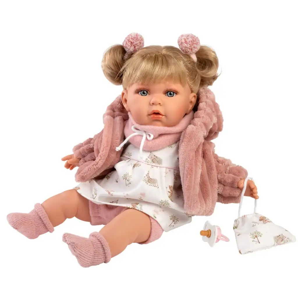 Llorens: Júlia 42cm-es síró baba cumival rózsaszín kabátban kép 1