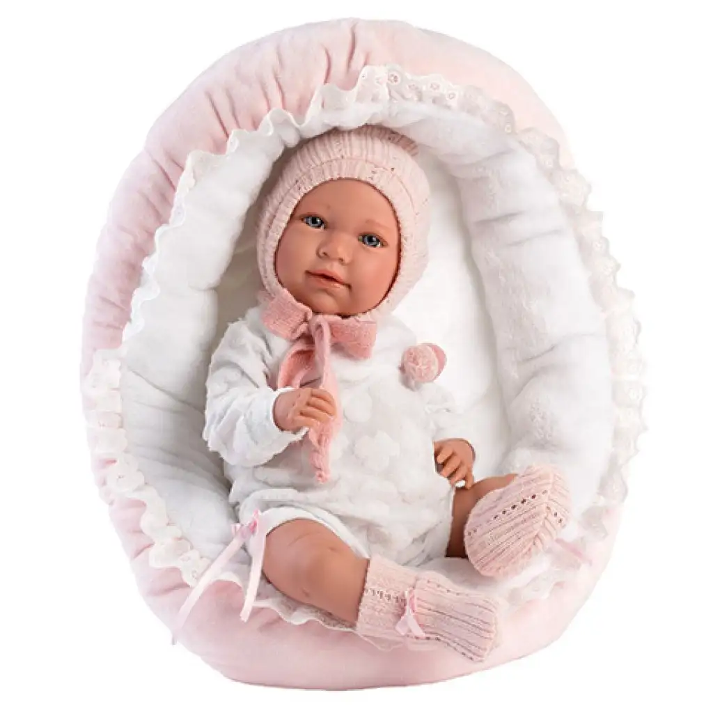 Llorens: Mimi 42cm-es síró kislány baba pink ruhában bölcsővel kép 2