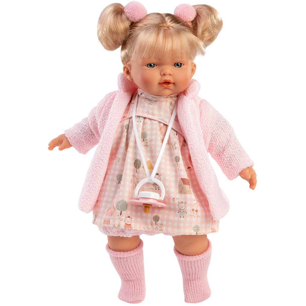 Llorens: Roberta 33cm-es baba cumival rózsaszín kardigánban kép 1