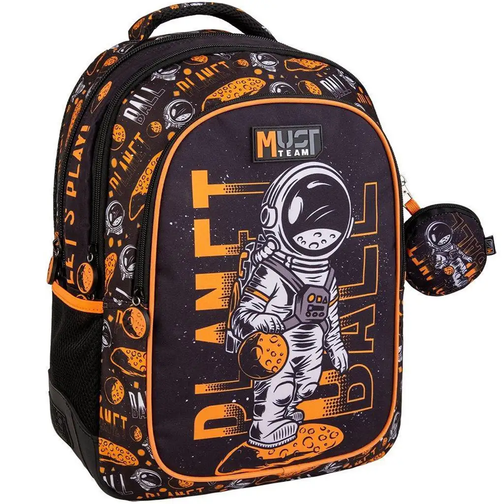 Luna: Must Team Űrhajós fekete-narancssárga lekerekített 3 rekeszes iskolatáska, hátizsák 32x18x43cm kép 1
