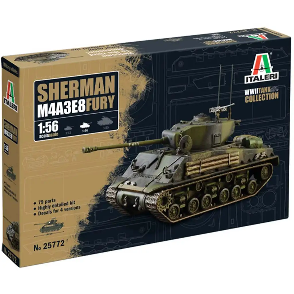 Italeri 1/56 M4A3E8 Sherman Fury tank makett kép 1