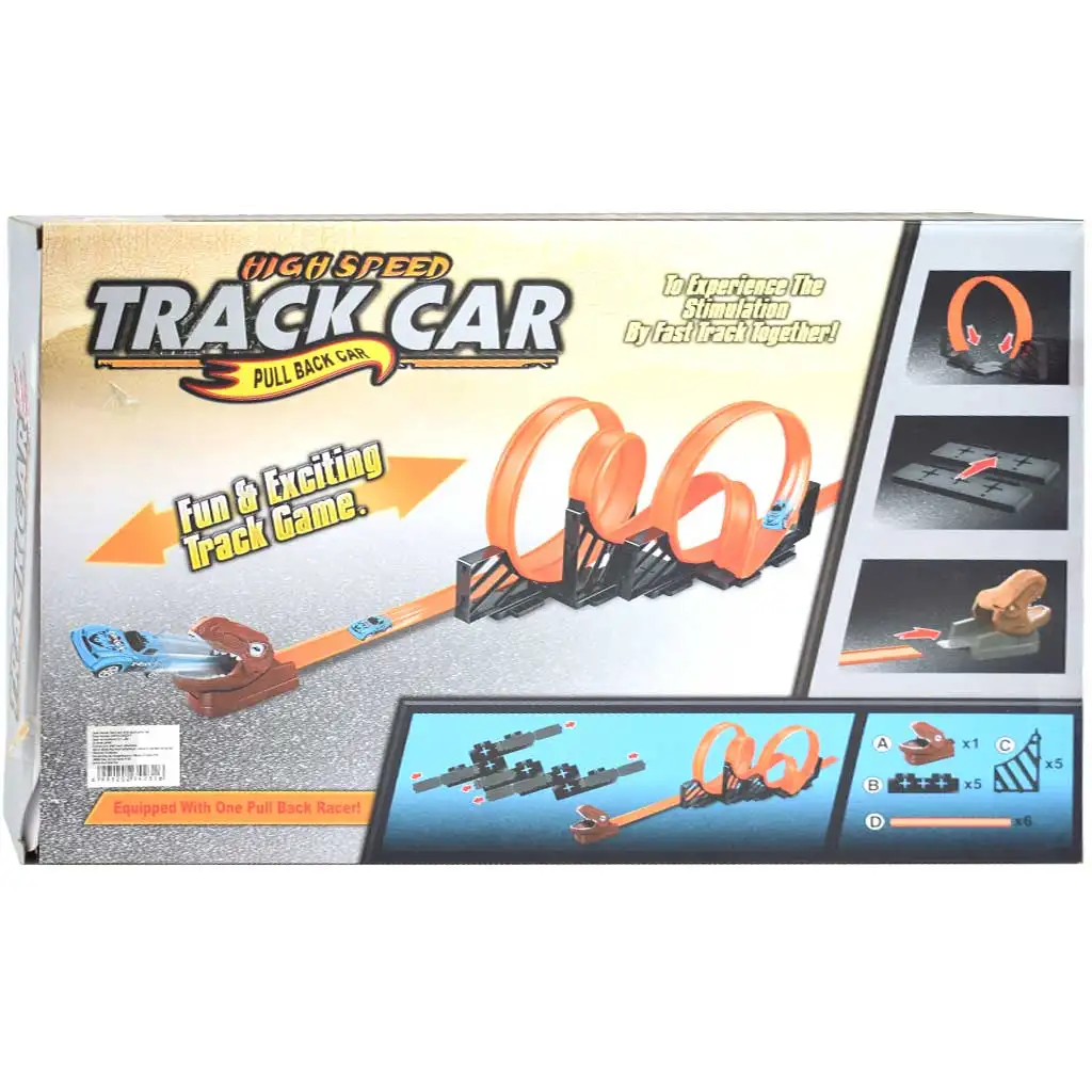 Track Car: Dinoszauruszos versenypálya szett 2db 360 fokos hurokkal és 2db hátrahúzható autóval 1/64 kép 1