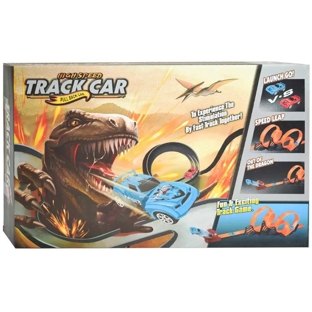 Track Car: Dinoszauruszos versenypálya szett 2db 360 fokos hurokkal és 2db hátrahúzható autóval 1/64 kép 3
