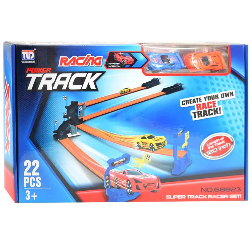 Power Track: 22db-os versenypálya szett kereszteződéssel és 2db hátrahúzható kisautóval 1/64 kép 1