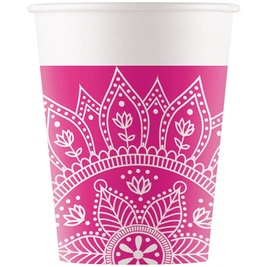 Mandala fukszia-fehér papírpohár 8db-os szett 200ml kép 1