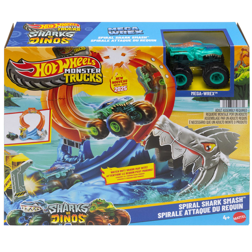 Hot Wheels Monster Trucks: Spiral Shark Smash pályaszett Mega-Wrex kisautóval – Mattel kép 1