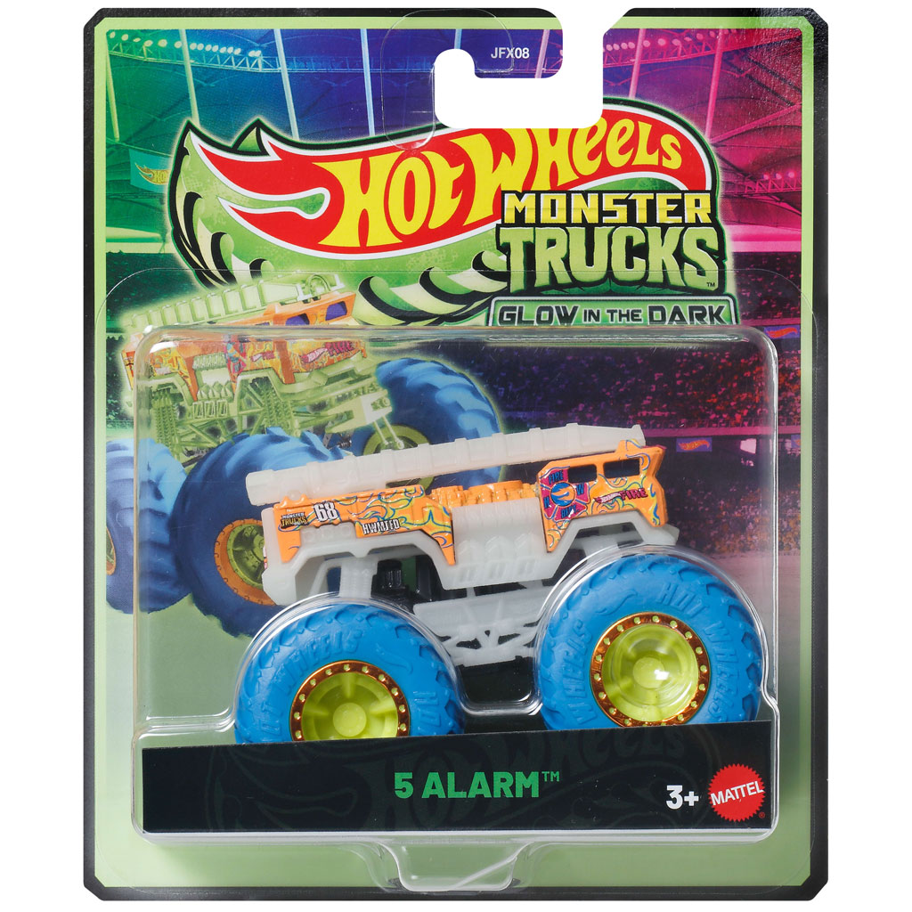 Hot Wheels Monster Trucks: 5 Alarm kék kerekekkel sötétben világító kisautó 1/64 – Mattel kép 1