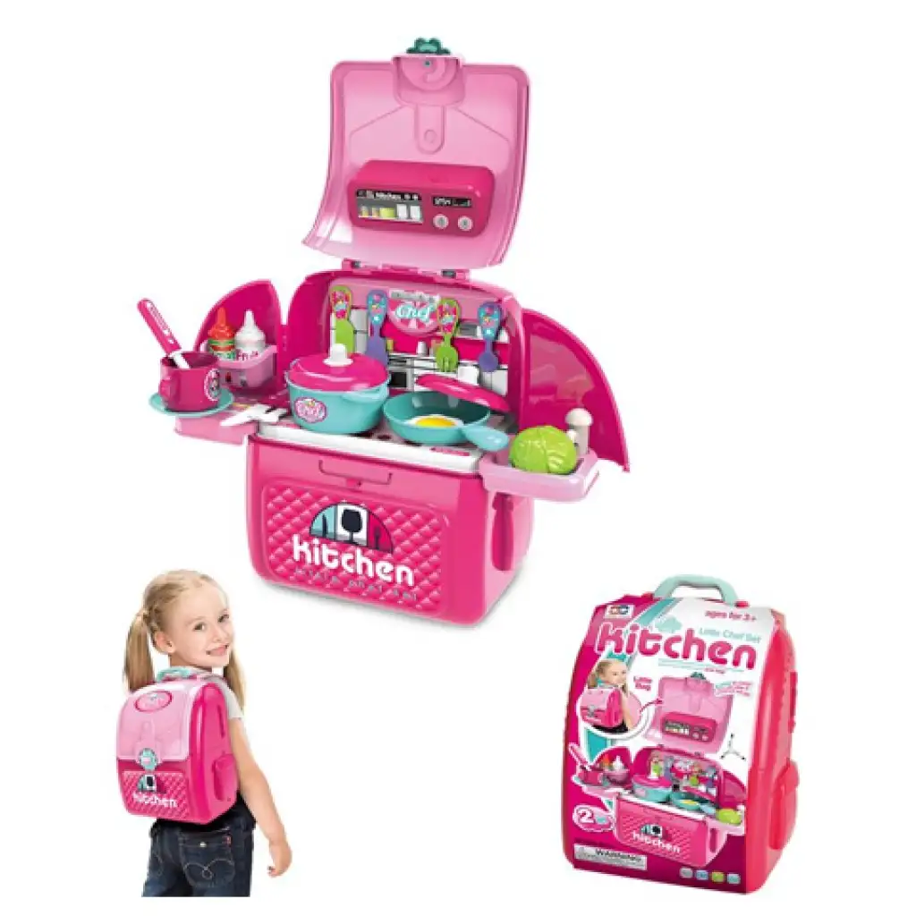 Pink hordozható 2az1-ben játékkonyha szett hátizsákban kép 2
