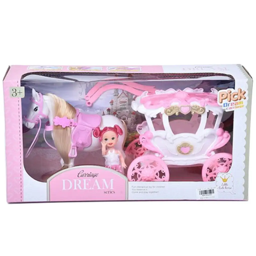 Álom hintó szett lóval és 7,5cm-es babával pink-fehér színben kép 1