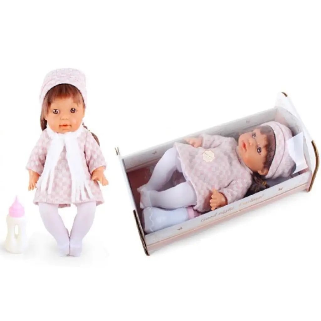 Pisilő baba kockás ruhában hanggal és kisággyal 30cm kép 1