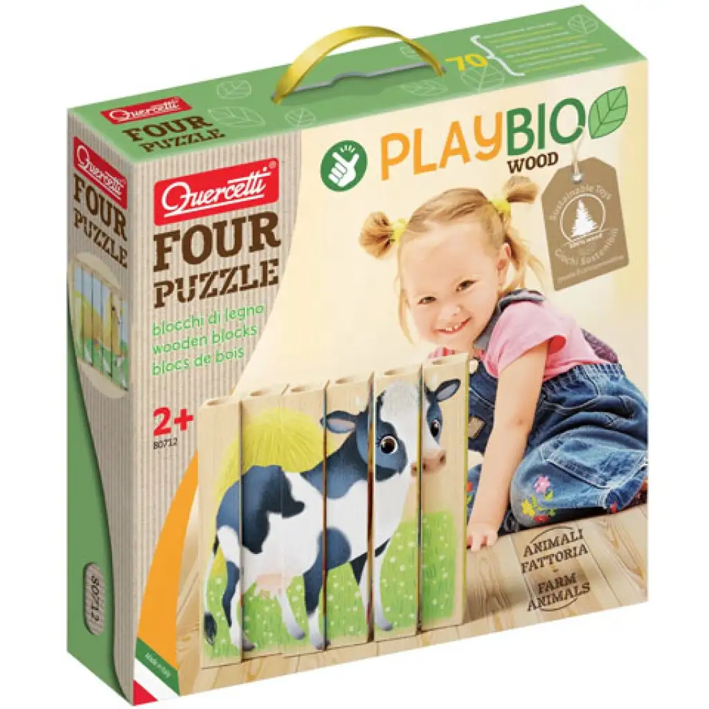 Quercetti: PlayBio Háztáji állatok 4 az 1-ben fahasáb puzzle kép 1