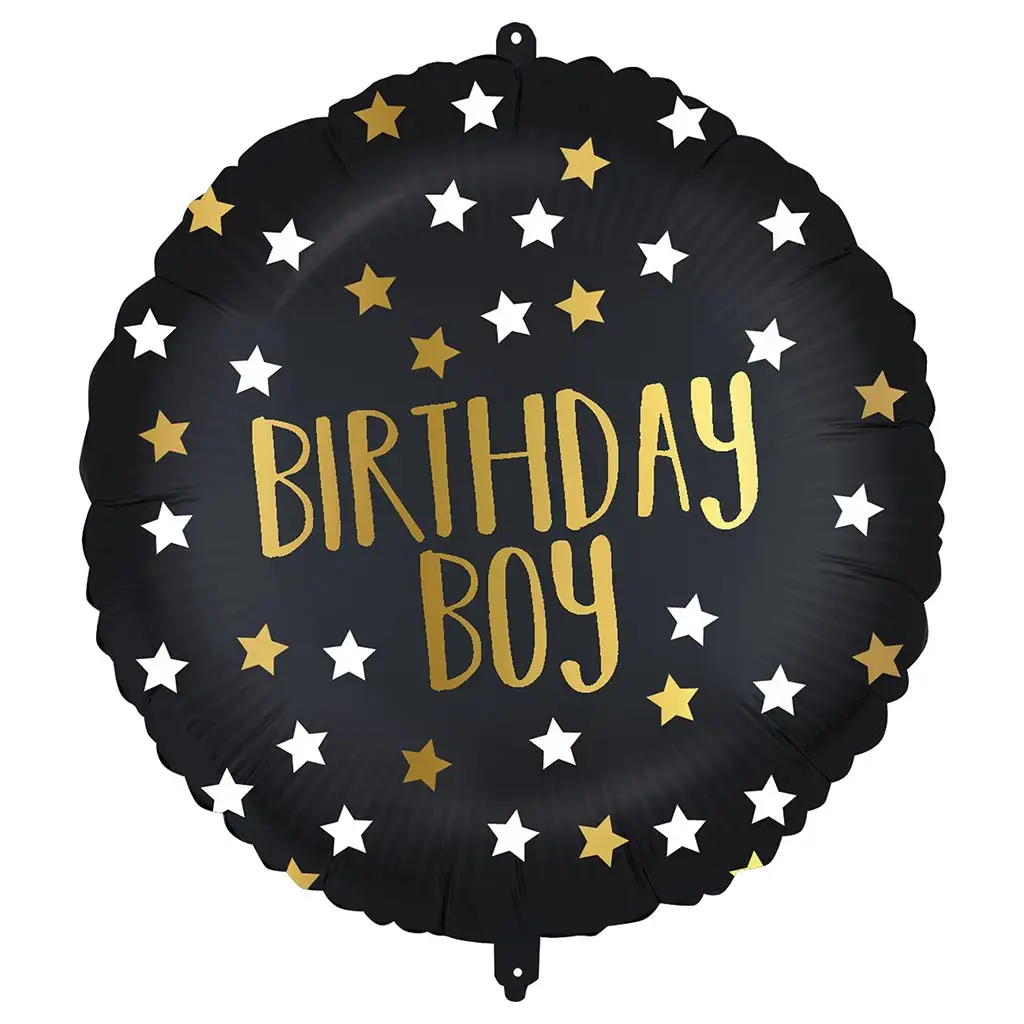 Szülinapi fólia lufi – "Birthday Boy" felirattal, fekete-arany csillagos 46cm kép 1