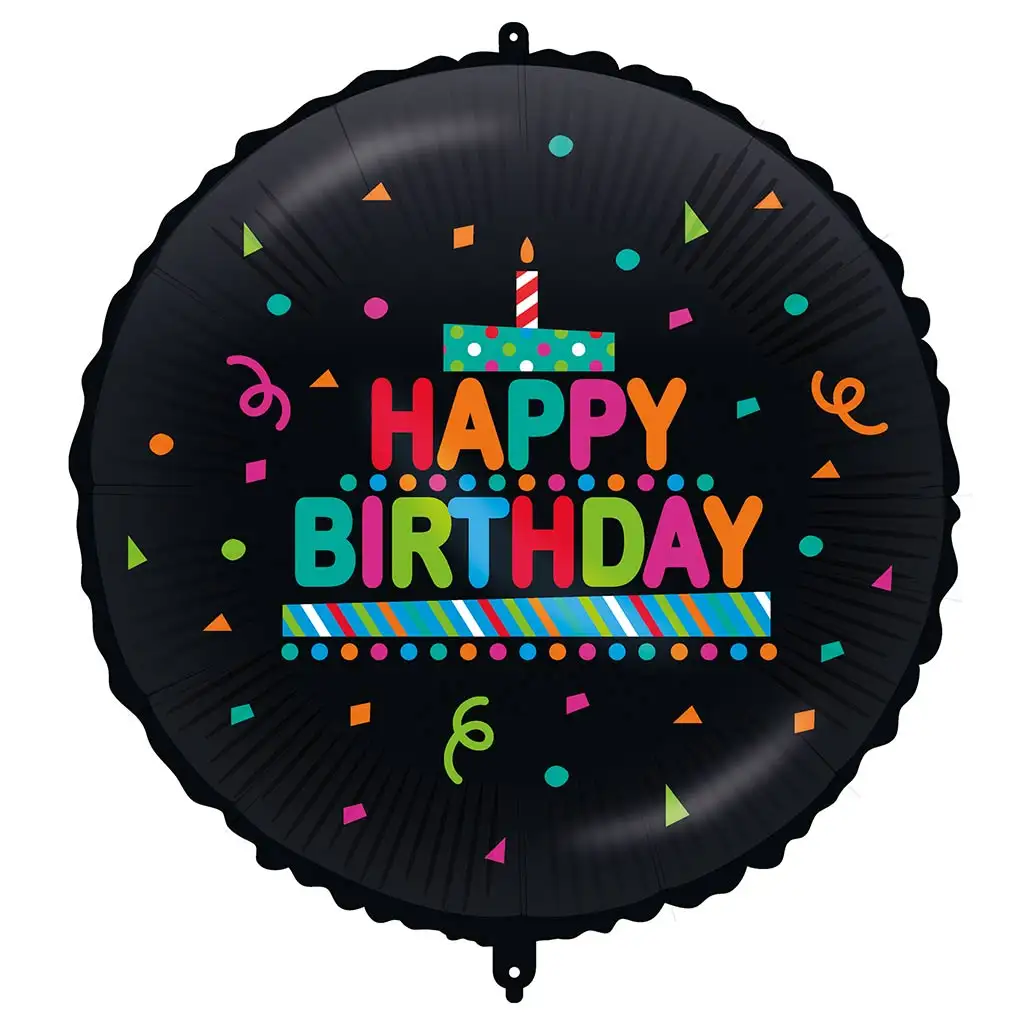 Szülinapi fólia lufi – „Happy Birthday” felirattal, tortás-konfettis, fekete alapon 46cm kép 1
