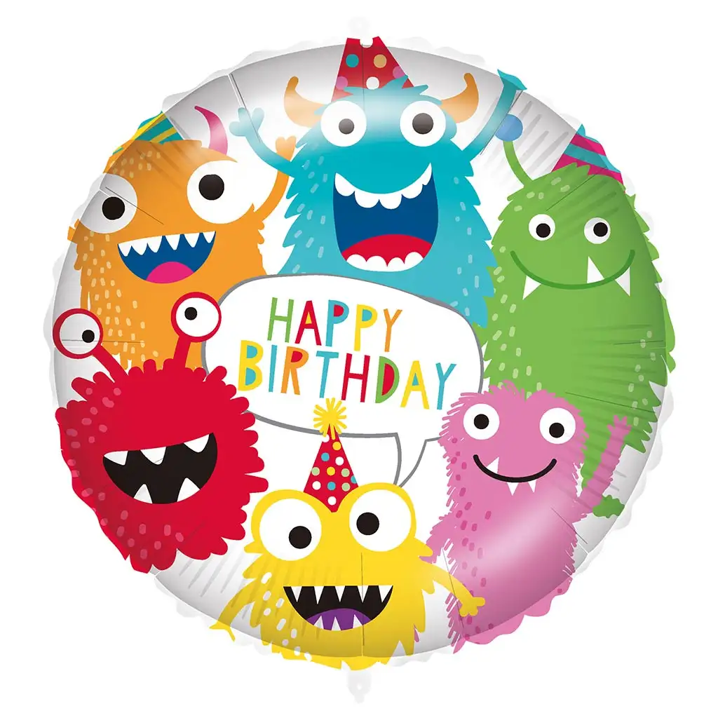 Szülinapi fólia lufi – „Happy Birthday” felirattal, színes szörnyecskés mintával 46cm kép 1
