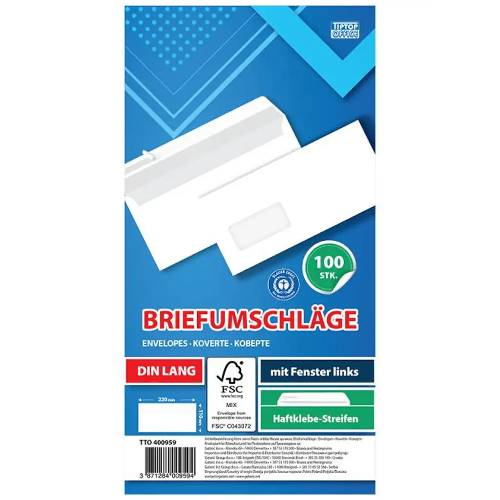Spirit: Fehér bal ablakos boríték LA/4 11x23cm 100db-os csomag kép 1