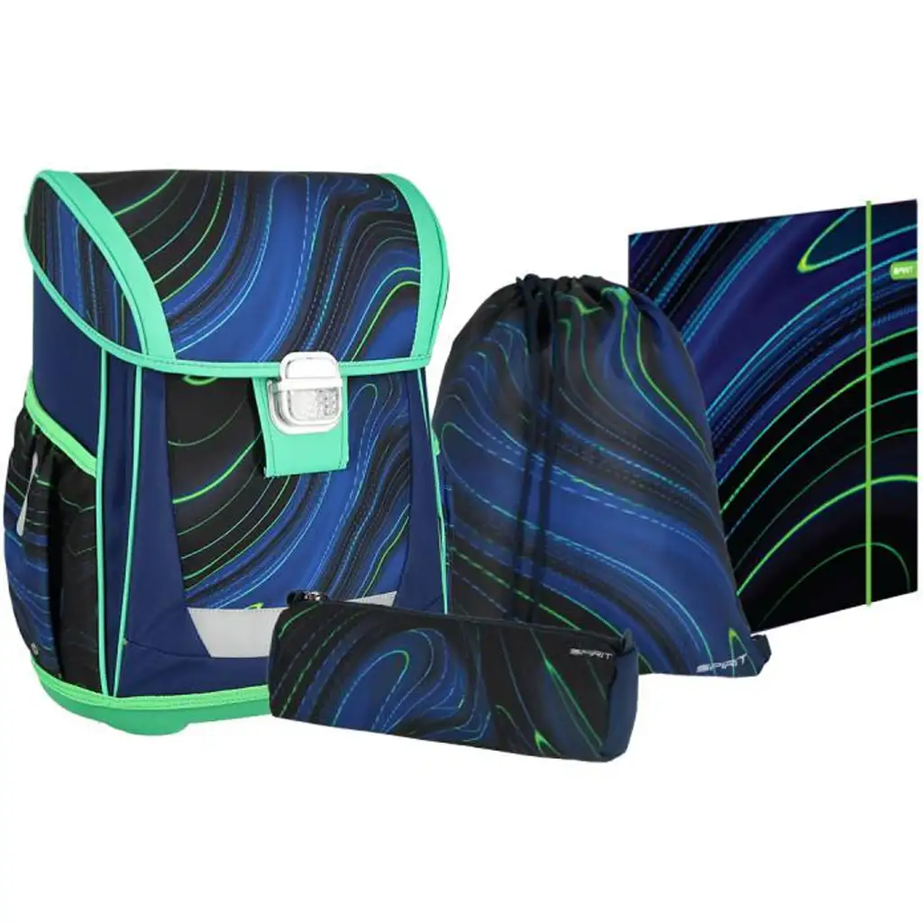 Spirit: Blue Stripes kék-zöld csíkok fekete alapon iskolatáska, hátizsák 4db-os szett 41x20x32cm kép 1