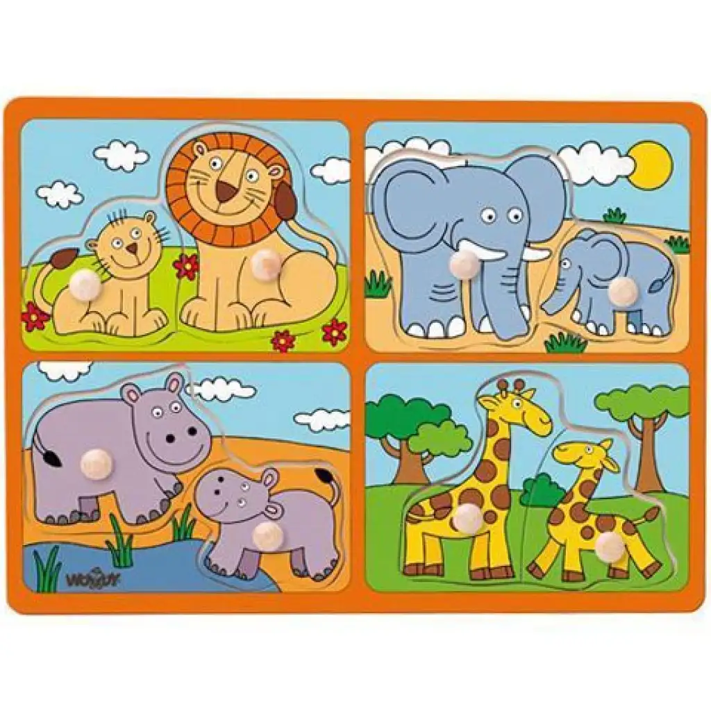 Vadállatok kicsinyükkel fa forma-puzzle fogantyúval - Woodyland kép 1